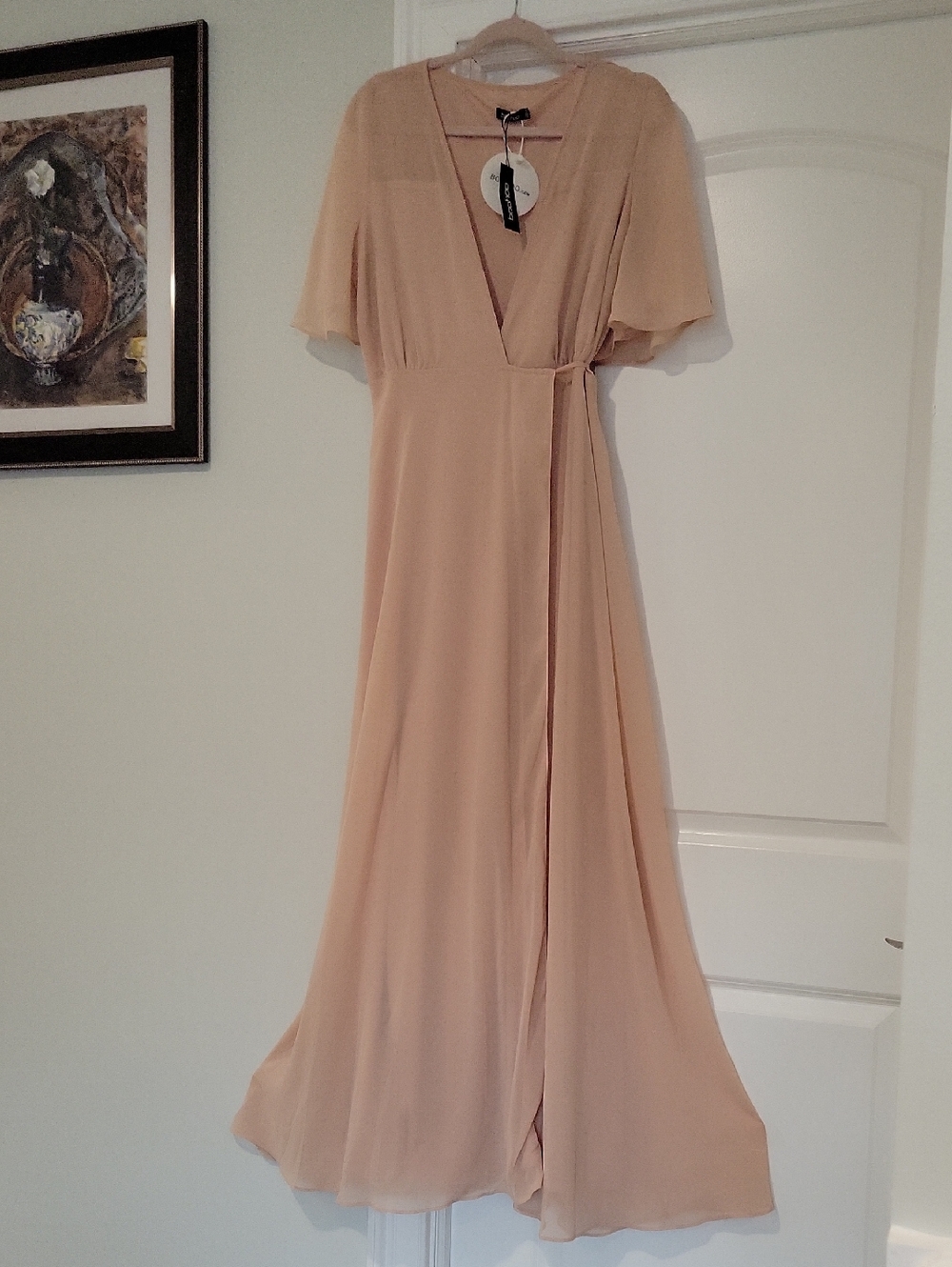 Boohoo Nude Wrap Maxi Dress with Flutter Sleeves
